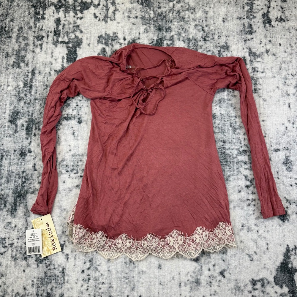 NEW Rewind Long Sleeve Top Womens S Rosewood‎ Pink Lace Trim Lace Up Boho